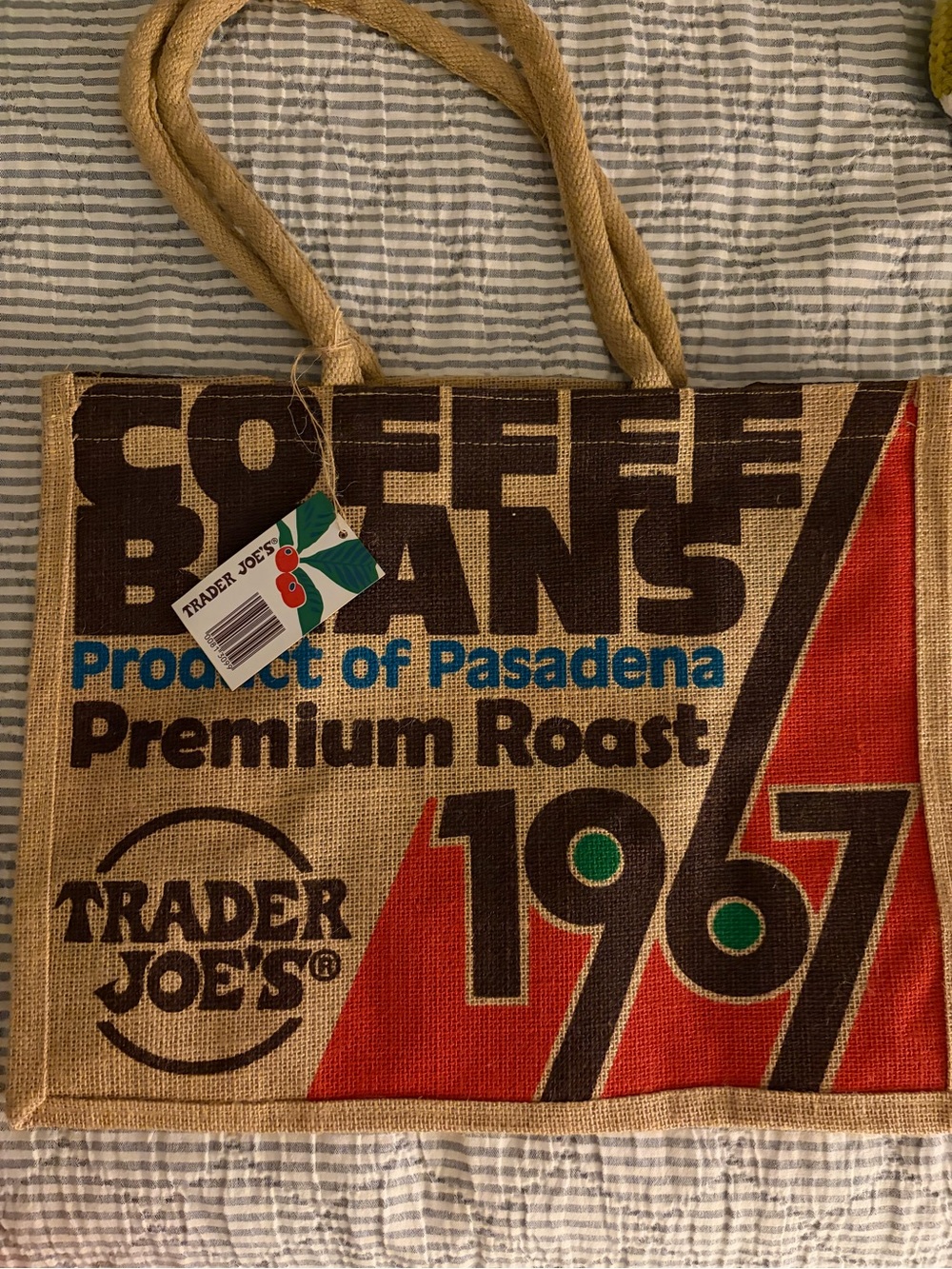 Trader Joe's Premium Roast Jute Tote in Natural and Red